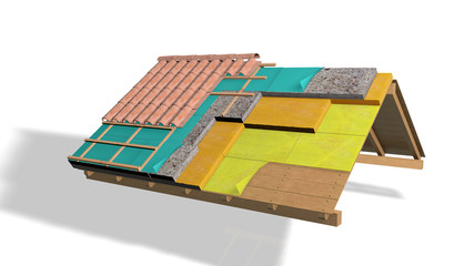 Elementi per la costruzione di un tetto coibentato, Immagine 3D, illustrazione