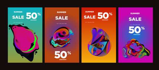 Vector summer sale 50% discount with fluid colorful background. Summer banner, website, poster, and sales promotion background set.