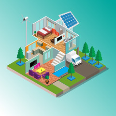 Isometric 3d Modern green eco home with garage lawn solar panels producing electricity on roof and two wind turbines isometric vector illustration