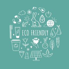 Eco friendly, ecology vector hand drawn icons set. Organic cosmetics, zero waste, save earth and healthy lifestyle sign and symbols