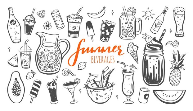 Vector hand drawn set of Cold drinks, summer cocktails and beverages with fruits. Various doodles for beach party, bar, restaurant menu. Isolated objects