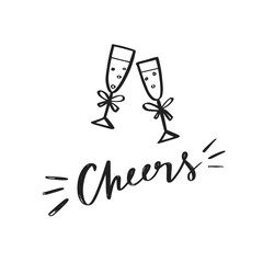 Clinking champagne glasses vector symbol, icons. Celebration, holidays, toast conceptual illustration. Handwritten calligraphy, lettering Cheers 