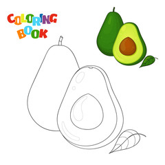 Coloring book page for preschool children with outlines of avocado and a colorful copy of it. Vector illustration of avocado for kids education.