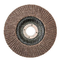 Angle grinder with abrasive disk on white background