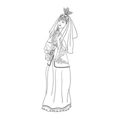 Fototapeta premium Hand drawn Vector illustration. women from Kazakhstan in traditional costumes and headdresses for adult coloring book
