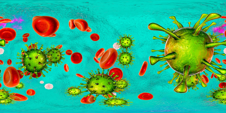 Cytomegaloviruses CMV in human blood, 360-degree spherical panorama, 3D illustration. A DNA virus from Herpesviridae family, mostly causes diseases in newborns and immunocompromised patients