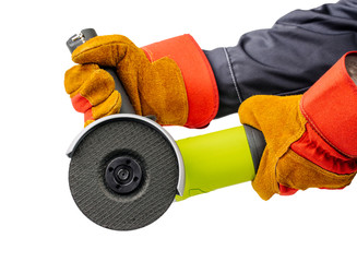 Angle grinder in hands  on white background