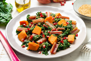 Swiss chard with sweet potato and pomegranate