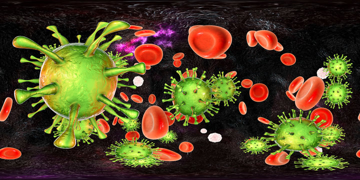 Cytomegaloviruses CMV in human blood, 360-degree spherical panorama, 3D illustration. A DNA virus from Herpesviridae family, mostly causes diseases in newborns and immunocompromised patients