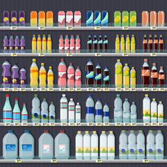 Carbonated drinks and water prices, standing on the shelf.