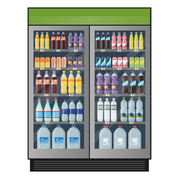 Industrial refrigerator with carbonated drinks and water isolated on white background.