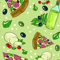 Vector seamless pattern with Italian food on green and grey background. With olive oil, cheese mozzarella, olives and pizza. Cute pattern. Wallpaper and textile design. Wrapping paper idea.  