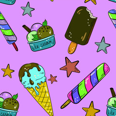 Seamless vector pattern with ice cream on purple background. Wallpaper and textile design. Good for printing. Wrapping paper.