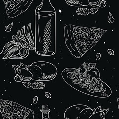 Seamless pattern with Italian food in doodle style on black background. Wallpaper and textile design. Wrapping paper Good for printing.