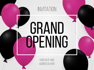Grand opening invitation, text, special offer celebrate background with black and pink air balloons. Realistic vector stock design for shop and sale banners, grand opening, party flyer