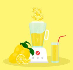 Juicer or blender for making juices and fruit cocktails. Lemon juice in a glass and lemons sliced next to a blender.