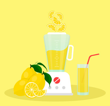 Juicer or blender for making juices and fruit cocktails. Lemon juice in a glass and lemons sliced next to a blender.