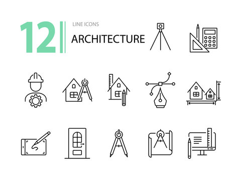 Architecture line icon set. Engineer, ruler, compass, blueprint, house. Architecture concept. Can be used for topics like building design, construction, house project
