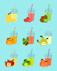 A set of fruit smoothies in plastic cups with a lid and straw. Smoothies from different fruits. Fruits lying next to the glasses.