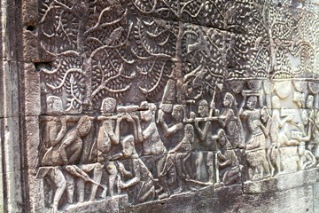 Cambodia Angkor Bayon bas-relief carvings bas-relief in Siem Reap.