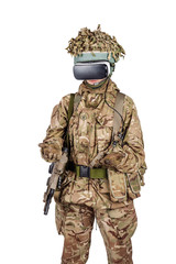 soldier use a VR glasses for combat simulation training. war, army, technology and people concept.