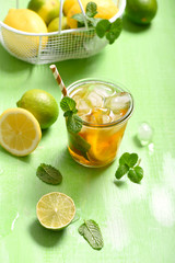 Summer refreshment drink or cocktail, lemon and lime iced tea