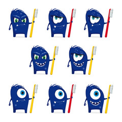 Set of Cartoon blue monsters  with toothbrush. Mascot with large eyes and teeth. white background. Charismatic germ.