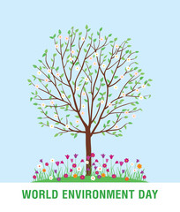 Obraz premium World Environment Day card or background with green tree and flowers. Vector illustration.