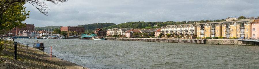 Panoramic view of Bristol Docks showing the old Tobacco Bonded warehouses, Bristol, UK