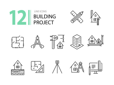 Building project line icon set. Floor plan, layout, compass, ruler. Architecture concept. Can be used for topics like engineering, measurement, construction