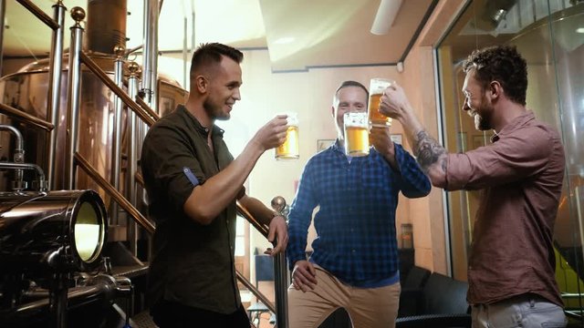 Two men tasting fresh beer in a brewery