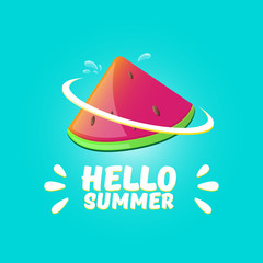 Vector Hello Summer Beach Party Flyer Design template with fresh watermelon slice isolated on azure background. Hello summer concept label or poster with fruit and typographic text.