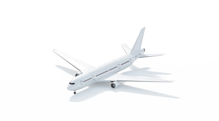 Blank white airplane mockup stand, side view isolated, 3d rendering. Clear plain air transport projected mock up template. Empty avia aerobus model for logo design branding. Clean passenger aircraft.