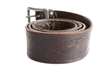 Brown leather army belt on white background. Military belt. Soldier's Trouser belt. Isolated.