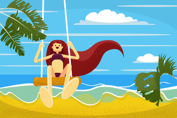 Obraz na płótnie Canvas Beautiful hand drawn flat style girl with long hair is enjoying summer day by the sea, swings, beach, blue sky. Isolated on white background. Stock vector illustration.