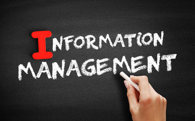 Information management text on blackboard, business concept background