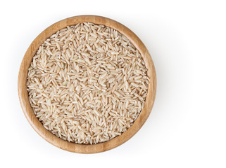 Brown rice in wooden bowl isolated on white background with clipping path