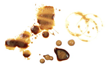 Spilled coffee with foam, stains isolated on white background, top view