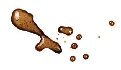 Spilled coffee with foam, stains isolated on white background, top view