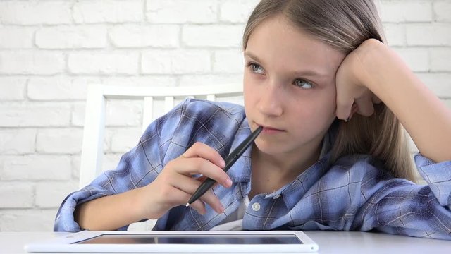 Child Studying on Tablet, Girl Writing in School Class, Learning Doing Homework