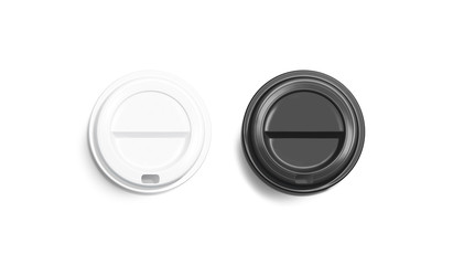 Blank black and white disposable coffee cup lid mockup, lying top view, plastic cover mock up...