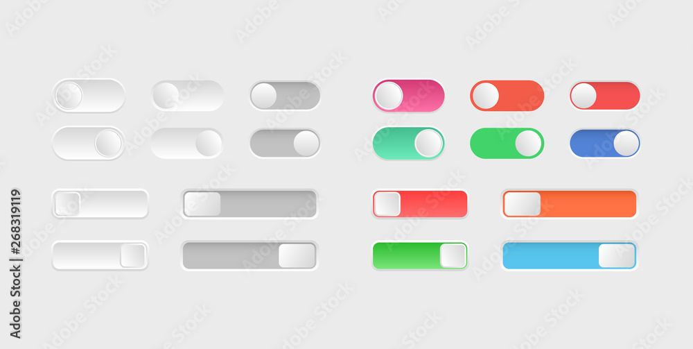  elements of web design. toggle switch icons. collection of on off buttons. slider buttons layout.