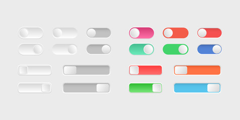 Elements of web design. Toggle switch icons. Collection of on off buttons. Slider buttons layout.