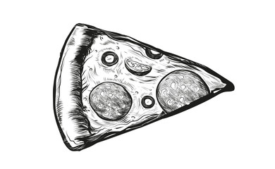 Slice of delicious pizza with tomatoes, salami and olives. Hand drawn vector illustration of italian food isolated on white background. Vintage pizza chalk sketch style.