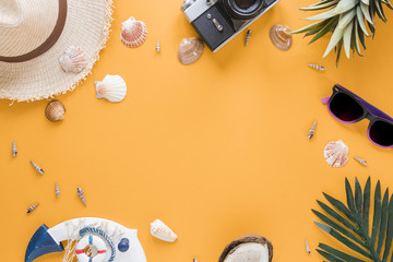 Frame of camera, shells, straw hat and fruits