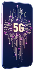 Smartphone white isolated background neon glow. Golden 5g symbol and circuit board on screen. 5g internet concept in technology 3d illustration