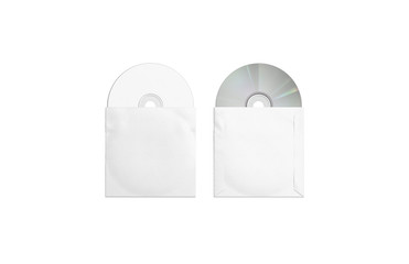 Blank white compact disks packaging mockup, top and back side, isolated, 3d rendering. Empty discs...