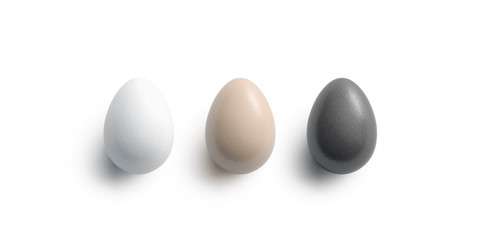 Blank black, brown and white easter chicken egg mockup set, 3d rendering. Empty fresh natural...