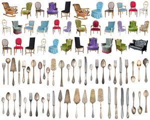 Vintage armchairs and Silverware, antique spoons, forks, knives, ladle, cake shovels isolated on isolated white background. Antique silverware. Retro.
