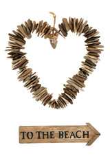 Driftwood heart with old rustic wooden to the beach sign on white background. Holiday travel concept.